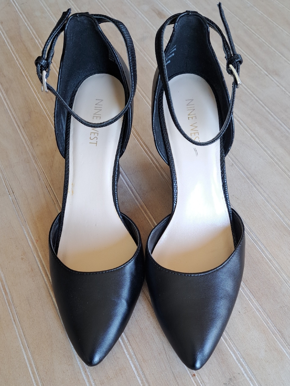 Nine West Broiedy D'orsay Blk Leather Pointed Toe Ankle Strap Wedge Heels